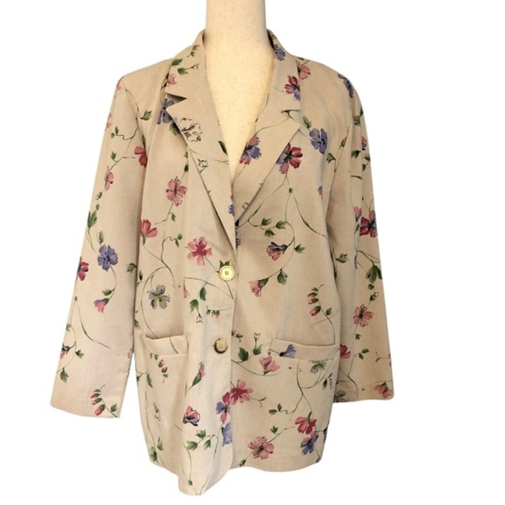 Vintage 90s Alfred Dunner‎ Floral Linen Blazer 14 USA Cottage Garden Party Artsy
